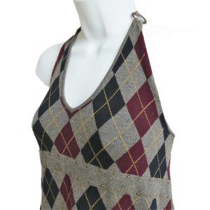 Michael Kohrs BaBYDoLL Argyle Halter Top Studs Grey Red Yellow Cotton Knit L